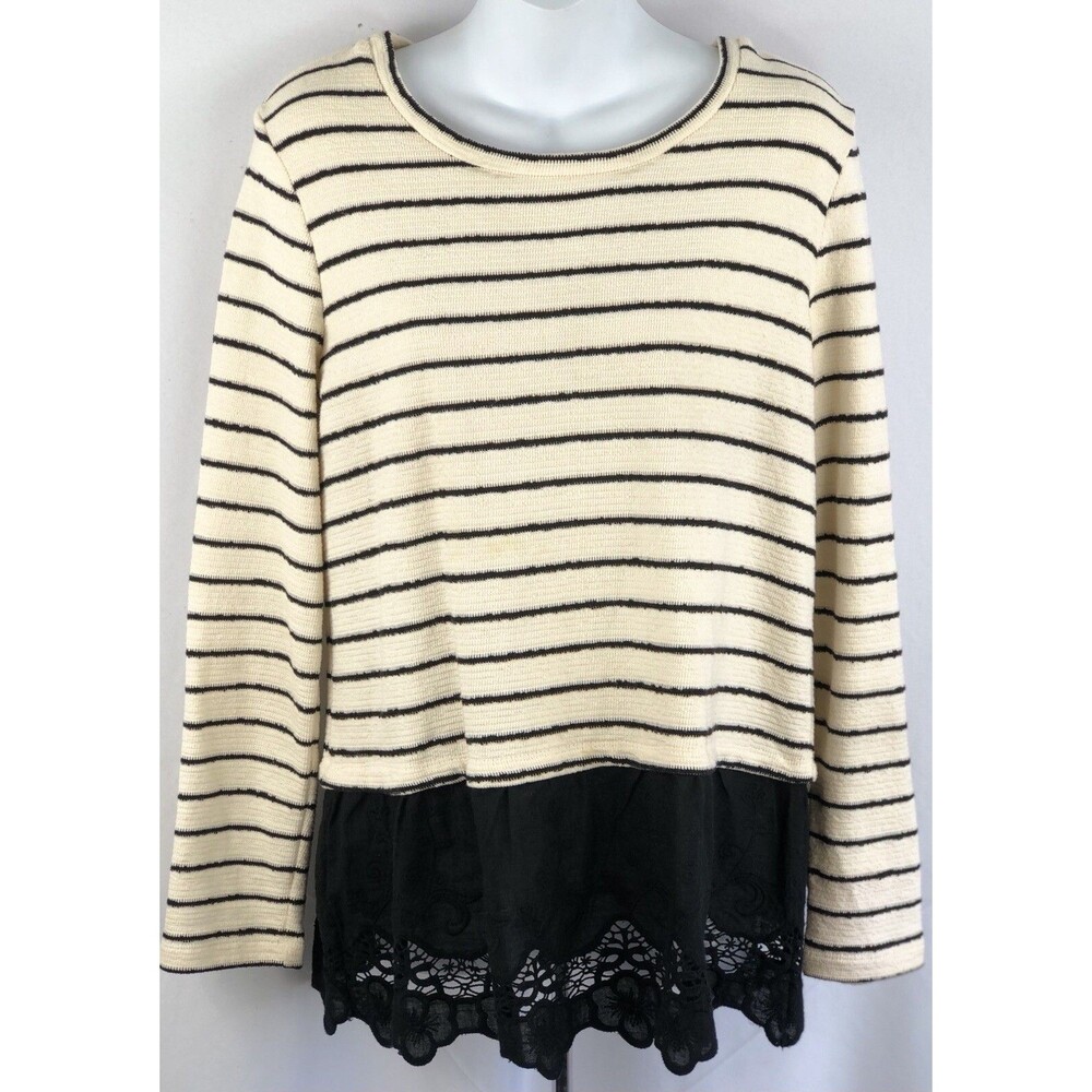 Vintage Tunic Sweater M Ivory/Black Stripe Eyelet Lace boho Grunge Y2K Cottage